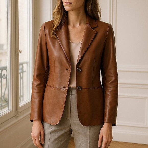 Loewe Vintage Cognac Brown Leather Blazer – Size 38 (US 6) - Picture 3 of 9